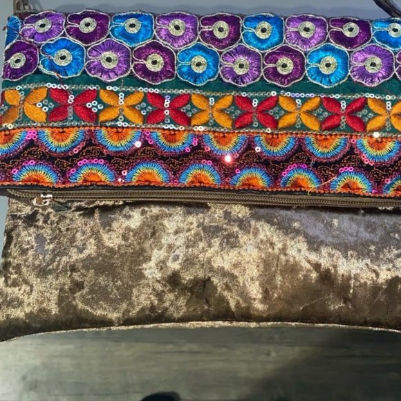 Elegant fashion purse, brown velvet with colorful embroidered designs, bag - Picture 2 of 6
